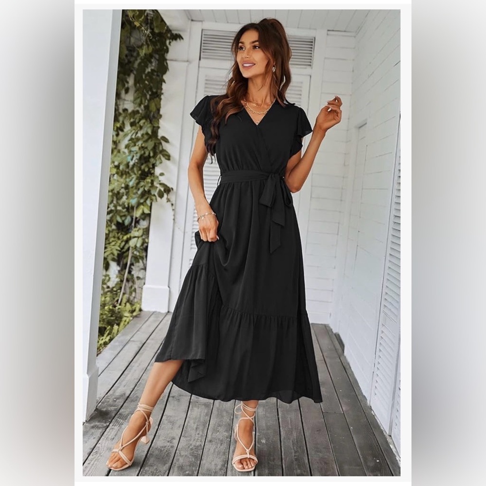 Chic Black Midi Dress with Tie Waist - Picture 8 of 8